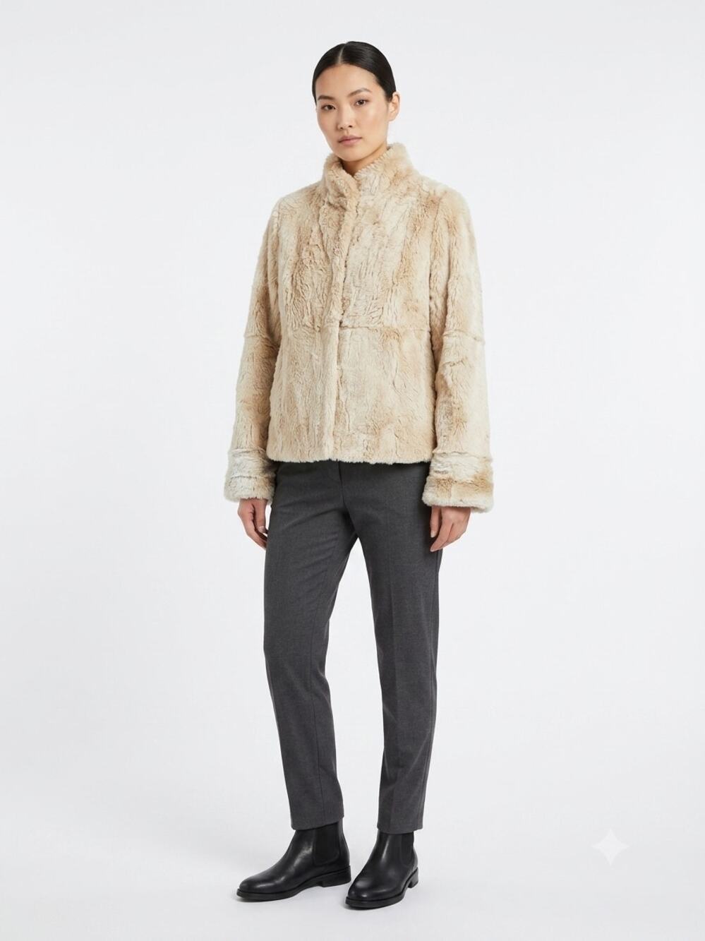 Vintage Coat Jacket Womens M Beige Genuine Rabbit Fur Lined Inner Pocket Outdoor
